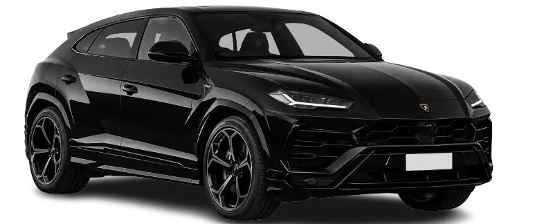 Black Lamborghini Urus luxury SUV isolated on a transparent background for premium car rental.