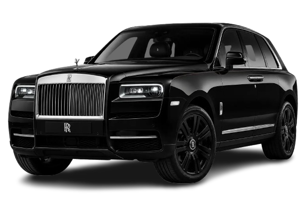 Black Rolls-Royce Cullinan luxury SUV isolated on a transparent background for premium car rental.