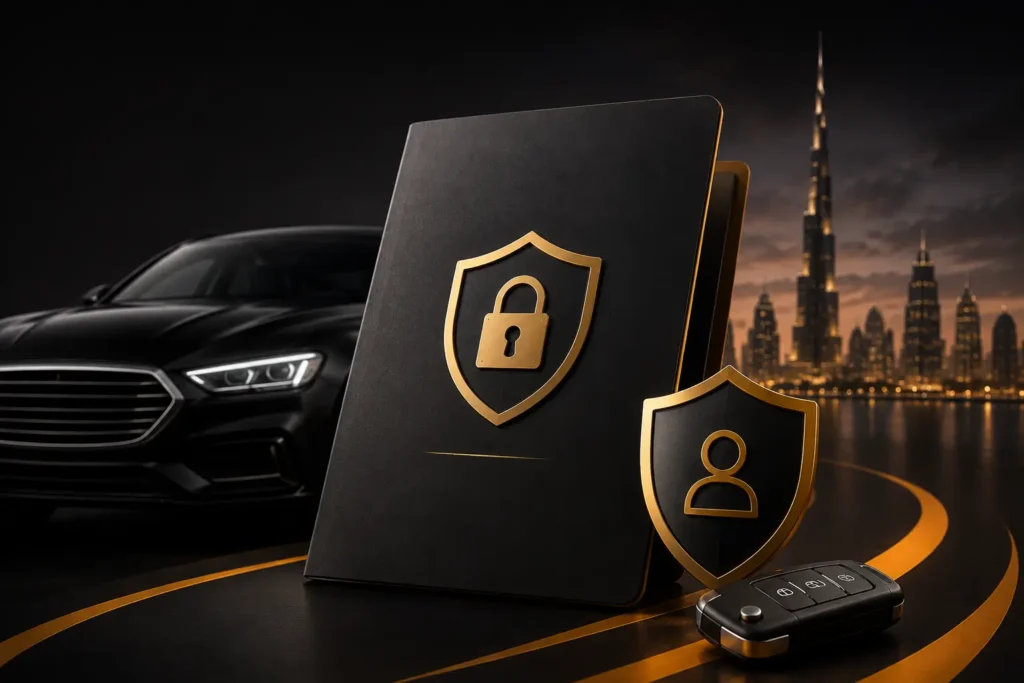 Luxury black car with a gold privacy shield, user protection emblem, key fob, and Dubai skyline representing Left Lane Rent a Car's privacy policy