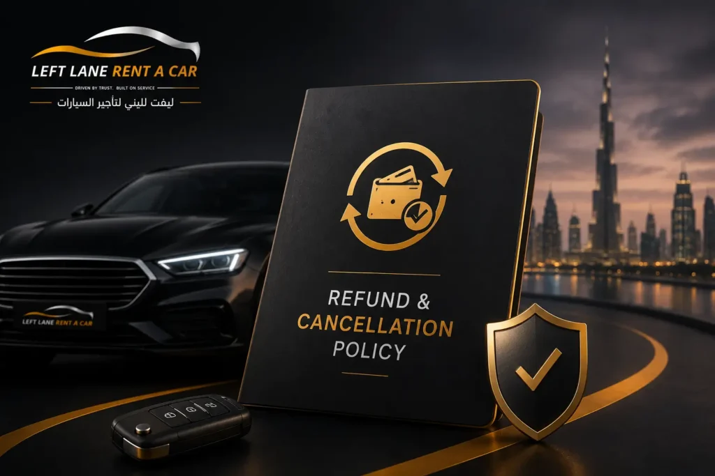 Left Lane Rent a Car refund and cancellation policy with a luxury black car, gold refund icon, shield, key fob, and Dubai skyline