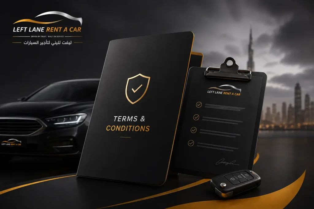 Left Lane Rent a Car terms and conditions with a luxury vehicle, gold shield, checklist, and Dubai skyline