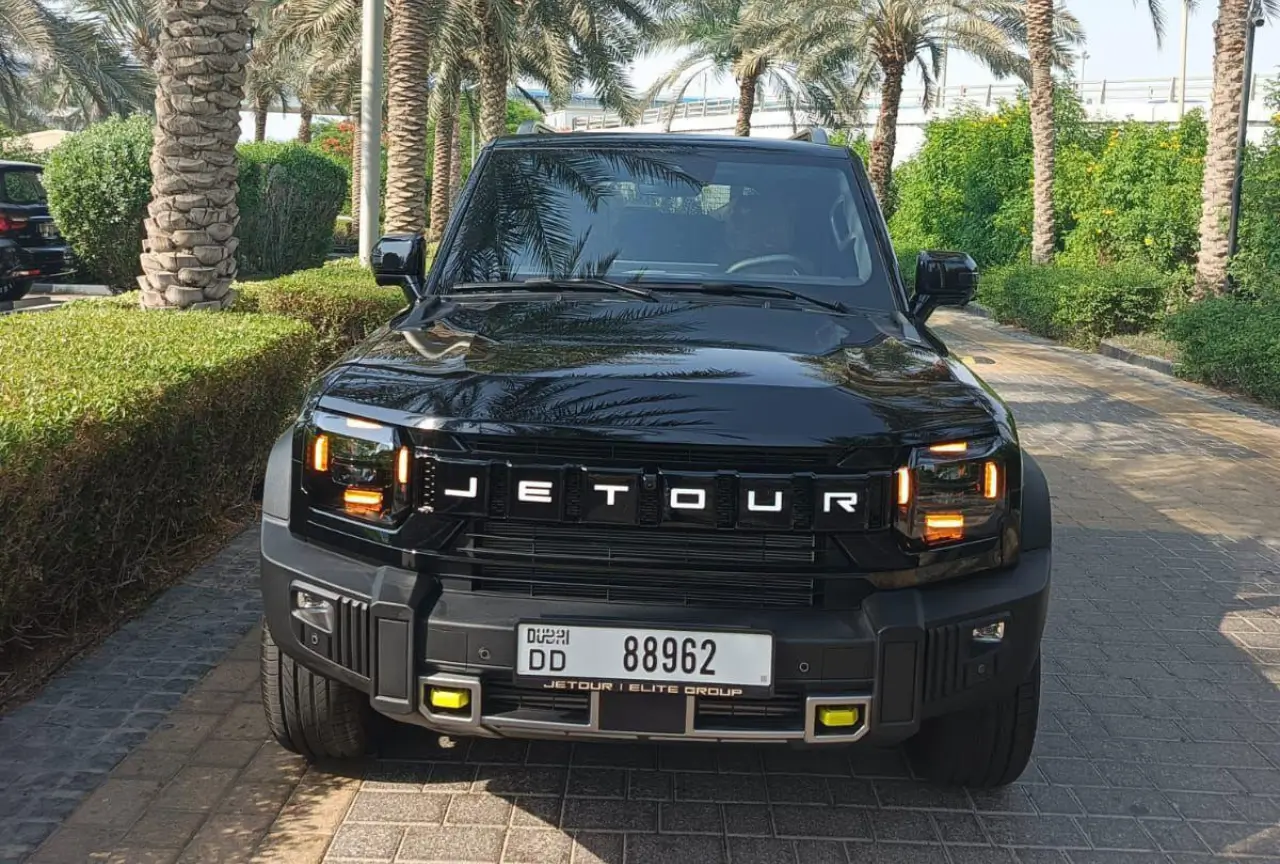 Black 2025 Jetour T2 front view with LED headlights in Dubai
