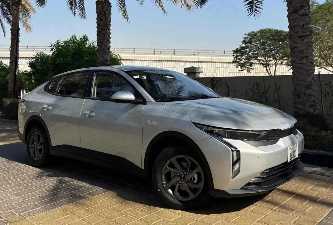 Silver Kia K3 2026 front three-quarter view in Dubai