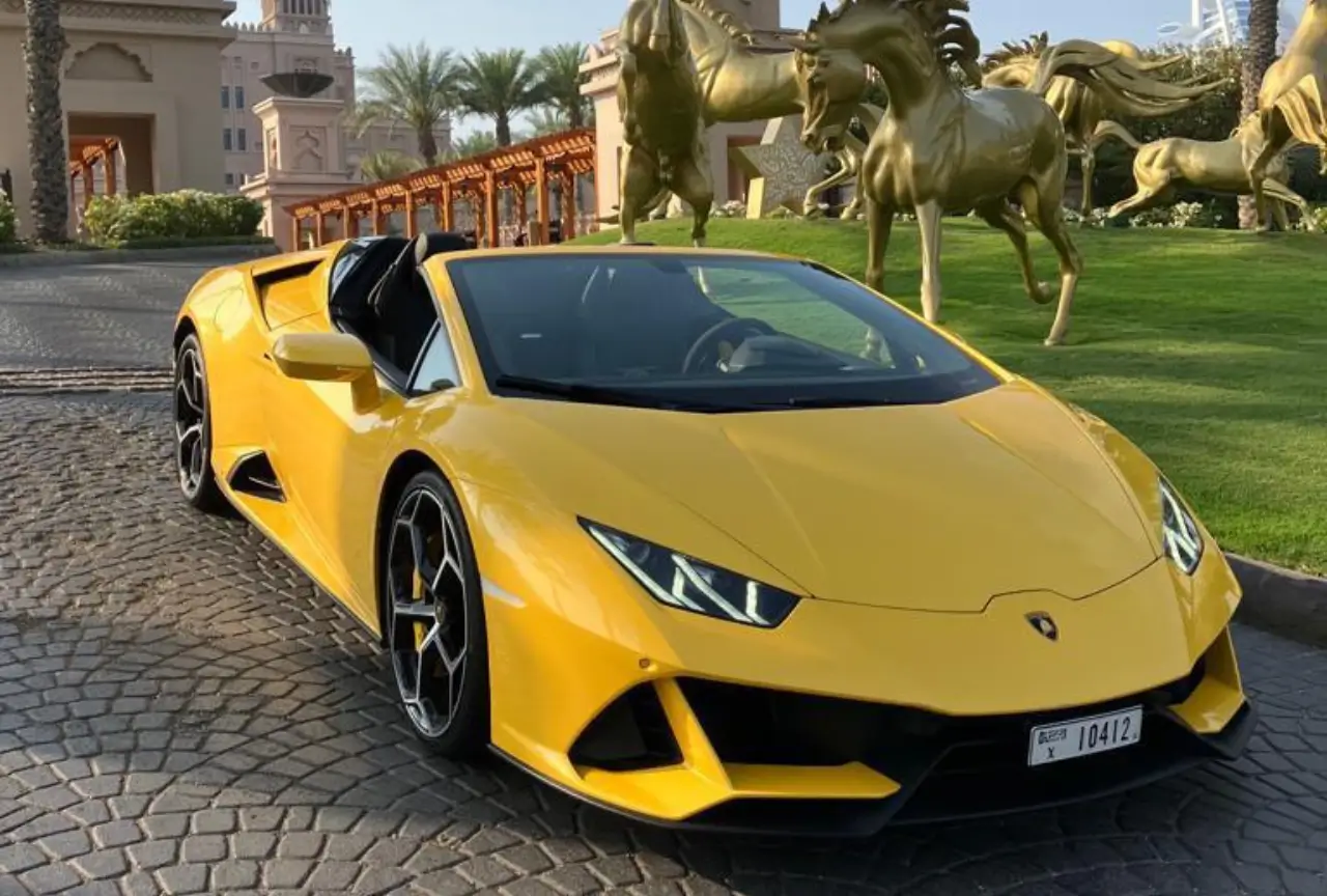 Yellow Lamborghini Huracán EVO Spyder available for rental in Dubai