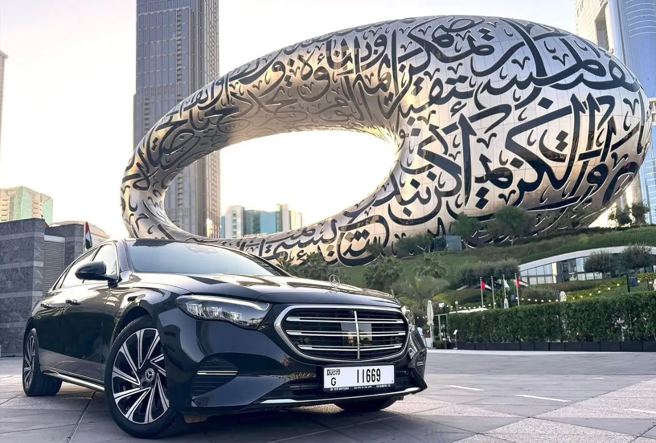 Mercedes-Benz E 300 L front view near Museum of the Future Dubai