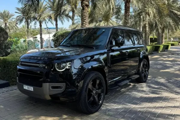 Black Land Rover Defender parked among palm trees in Dubai